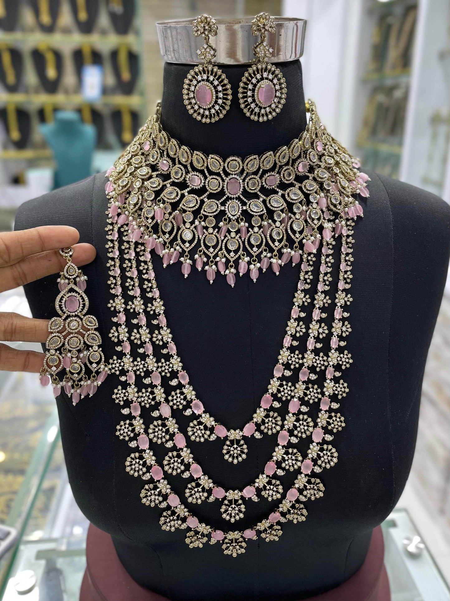 Victorian Polish with Moissanite Stones Bridal Combo set - Nakshatra Jewels