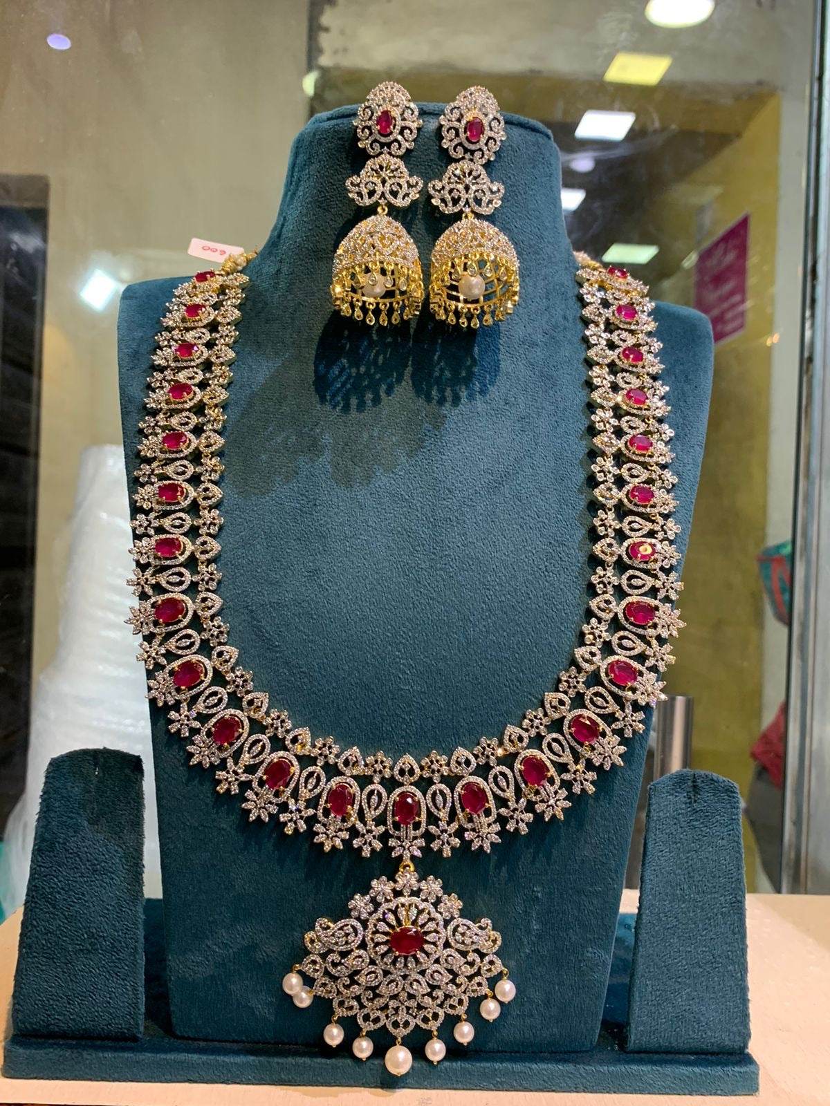 American Diamond Stones Bridal Haram- Ruby - Nakshatra Jewels
