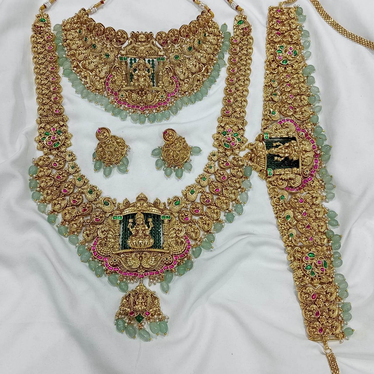 Nakshi Work with Jaadu Kundan Stones Bridal Combo Set (Gold Replica) - Nakshatra Jewels