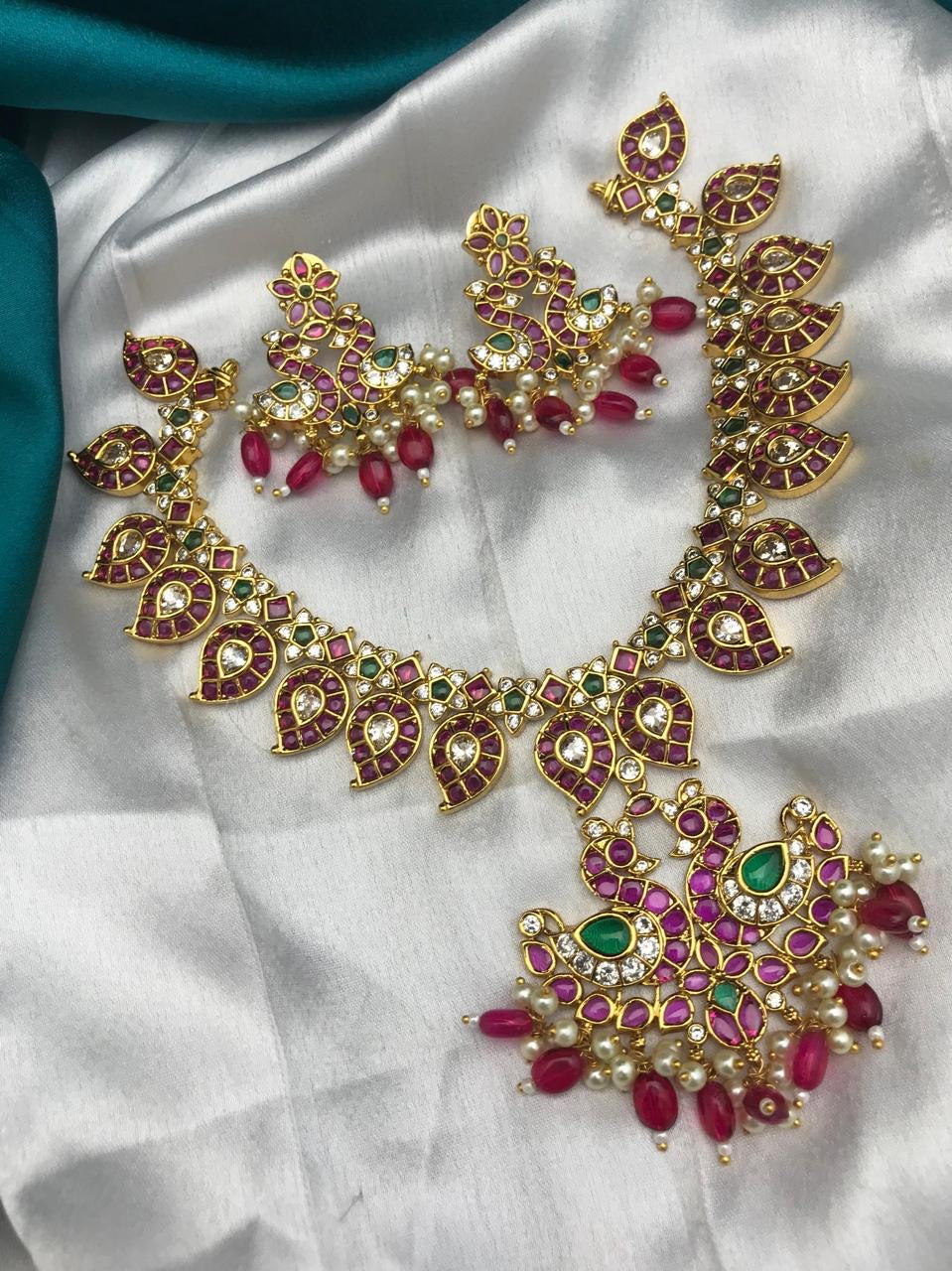 Premium Matt Finished Kempu and AD Stones Necklace