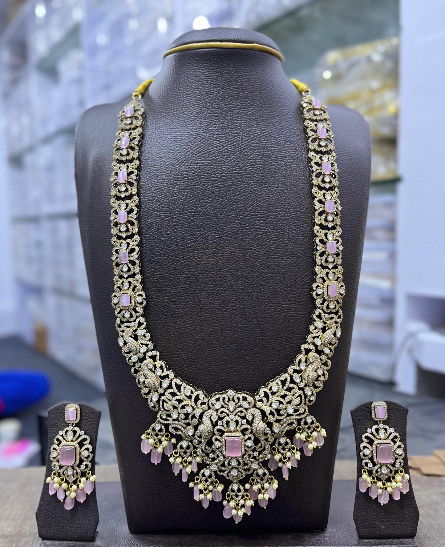 Victorian Polish Moissanite and AD Stones Bridal Haram - Nakshatra Jewels