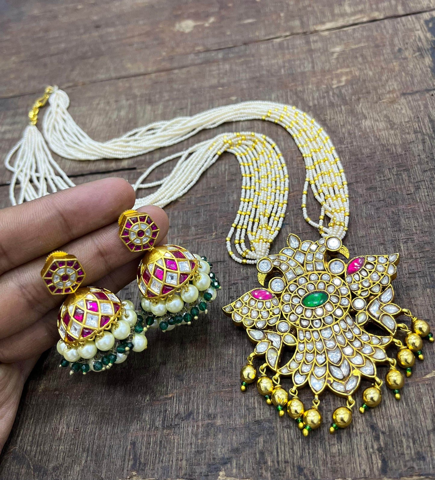 Jadau Kundan Stones Bridal Pendent with Pearl Haram - Nakshatra Jewels