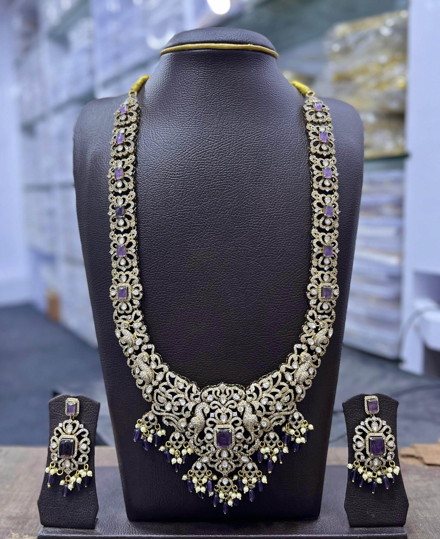 Victorian Polish Moissanite and AD Stones Bridal Haram - Nakshatra Jewels