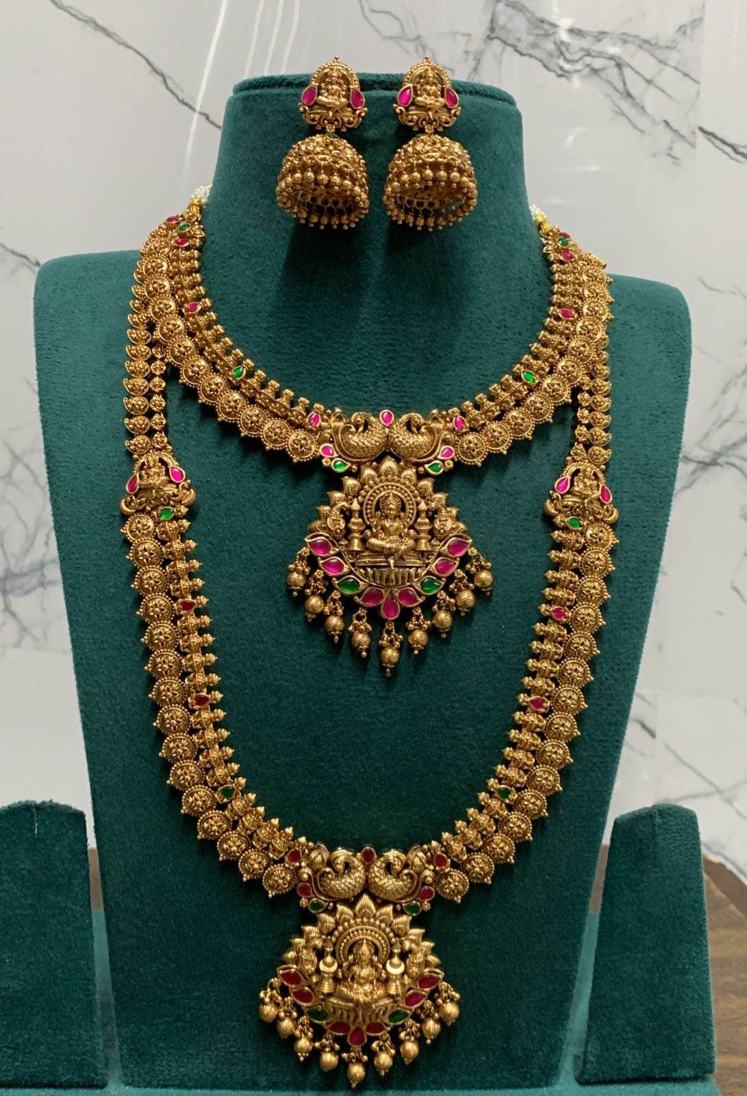 Nagasi Work with Kempu Stones Bridal Combo Set - Nakshatra Jewels