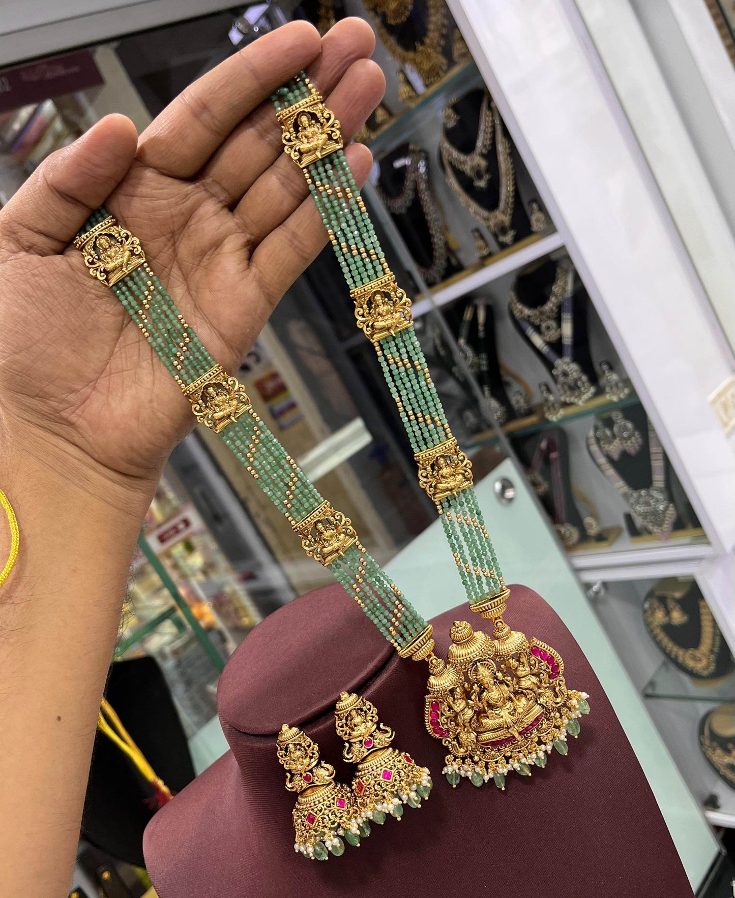 Nakshi work with Jaadu Kundan Stones Pendent with Beads Haram - Nakshatra Jewels