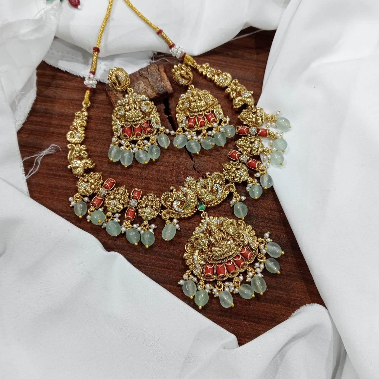 Nakshi Work with AD & Coral beads Bridal Necklace - Nakshatra Jewels