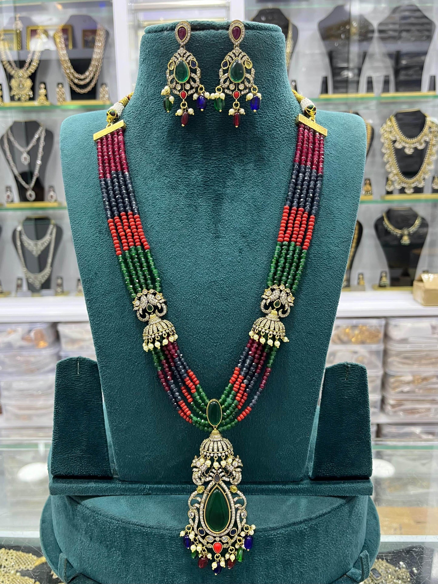 Victorian Polish AD Stones Pendent with Beads Haram - Nakshatra Jewels