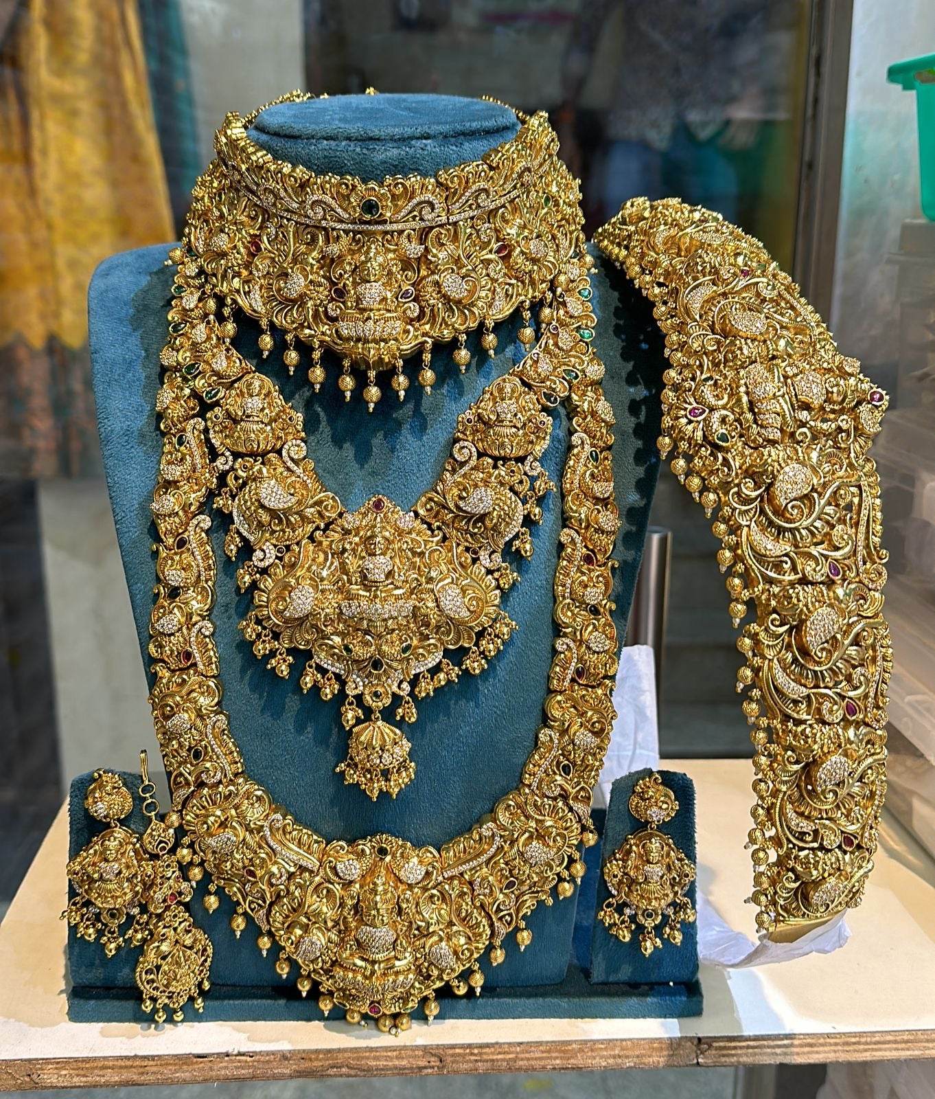 Nakshi Work with AD Stones Bridal Set (Gold Replica) - Nakshatra Jewels