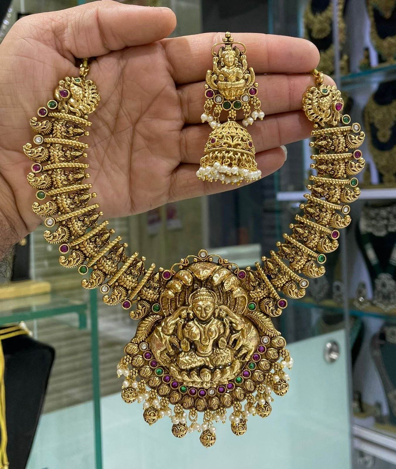 Nagasi Work with Kempu Stones Bridal Necklace - Nakshatra Jewels