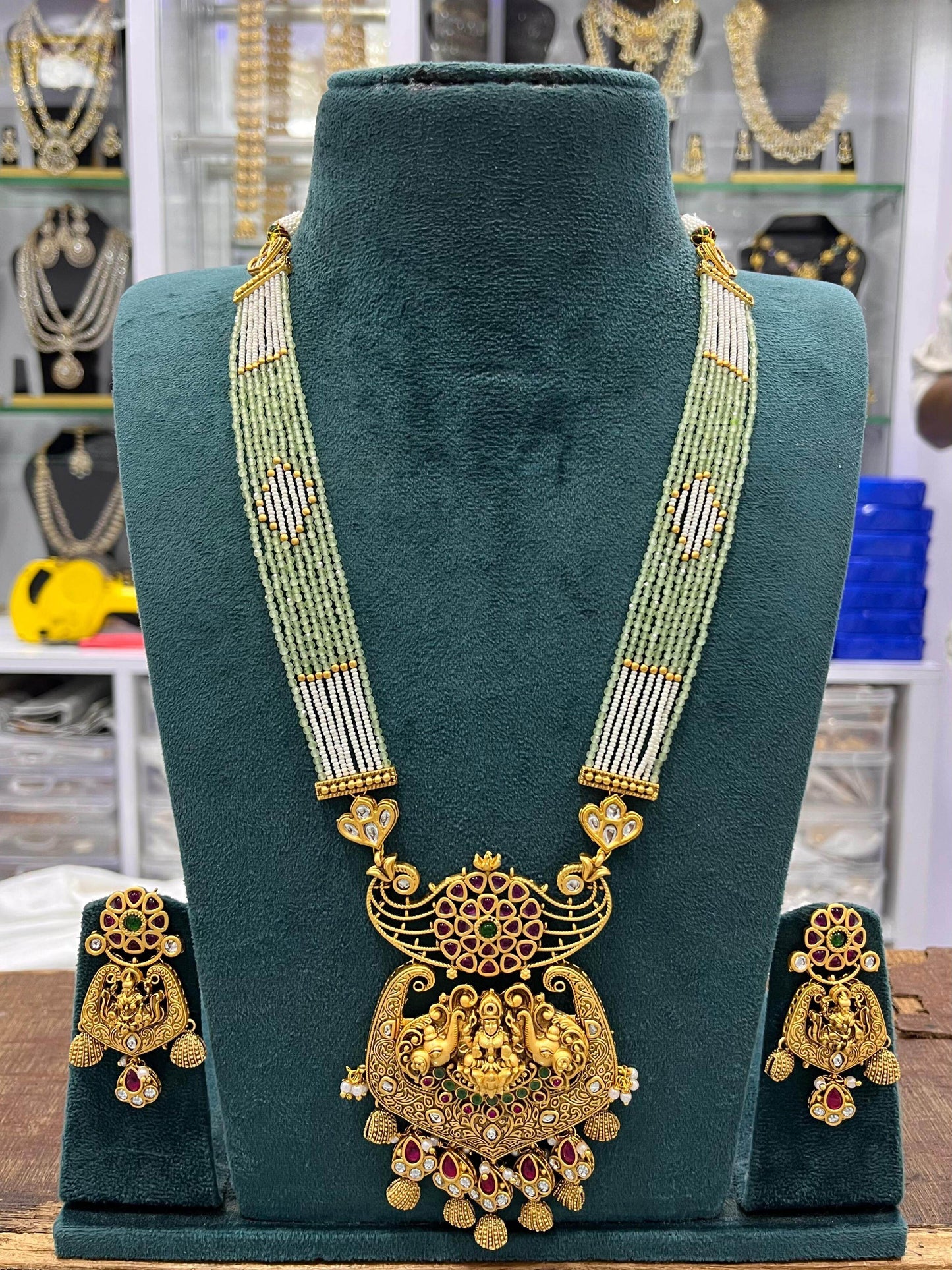 Nagasi work with Kempu Stones Pendent Beads Haram - Nakshatra Jewels