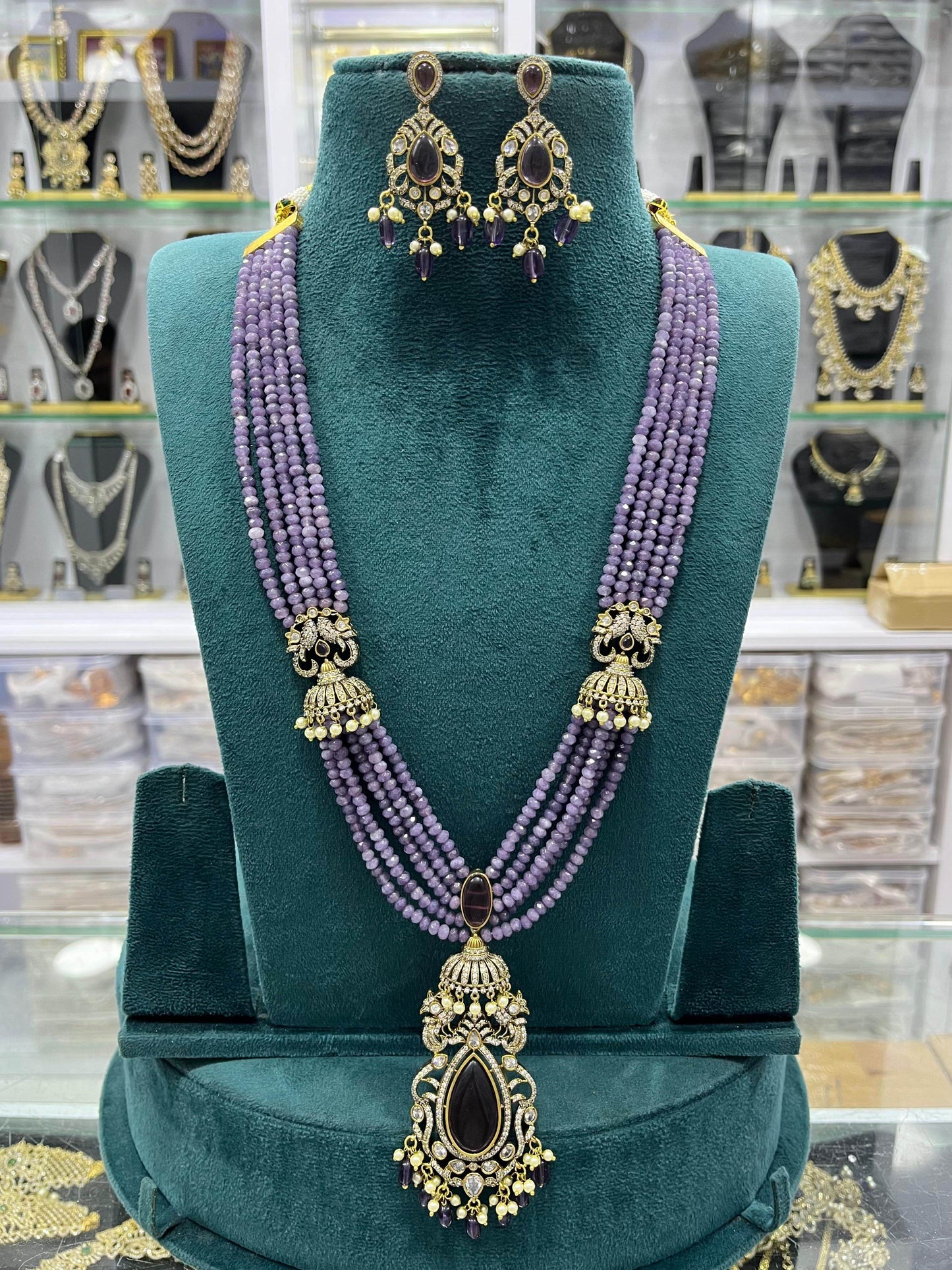 Victorian Polish AD Stones Pendent with Beads Haram - Nakshatra Jewels