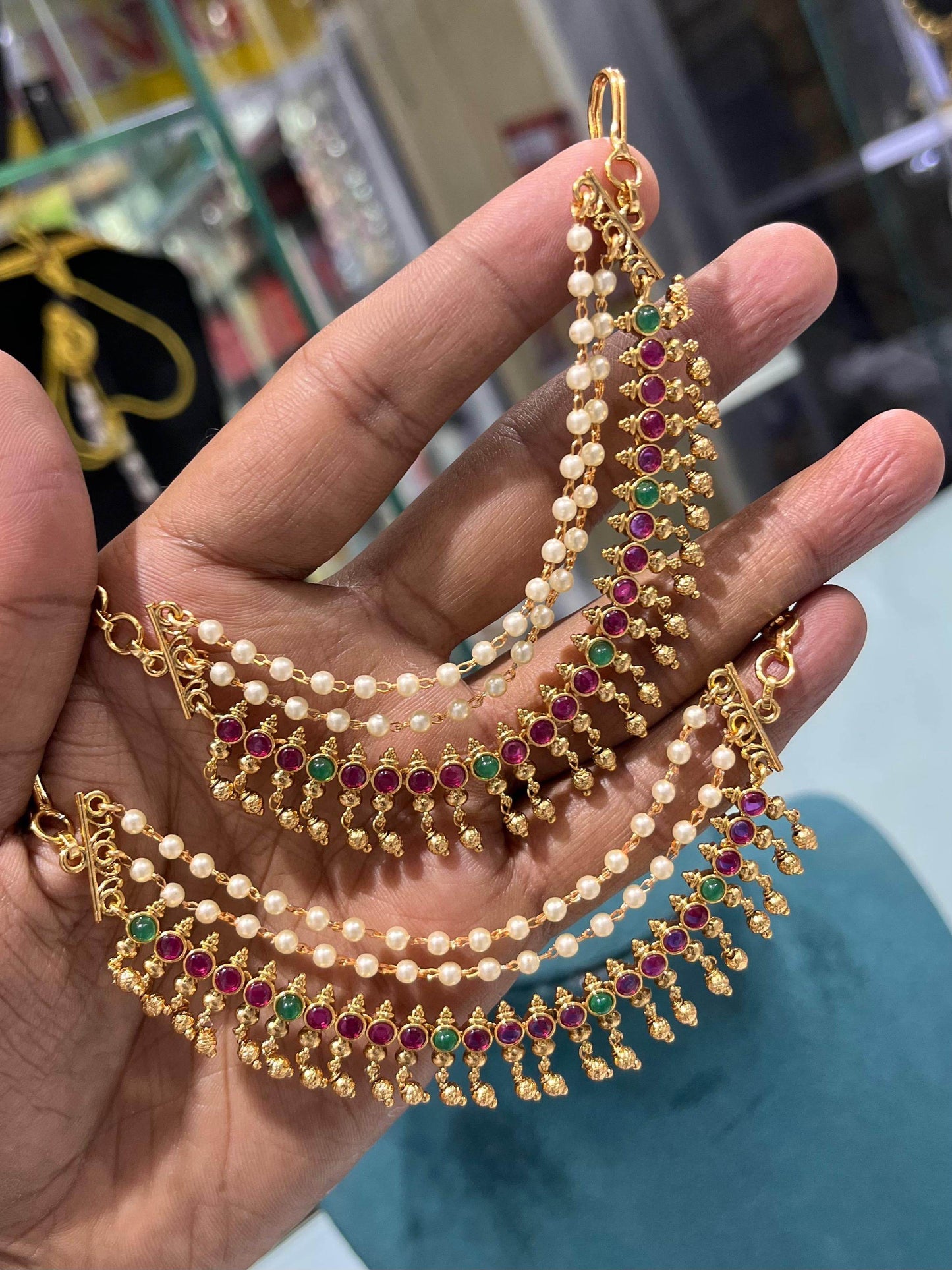 Premium Matt with Kempu Stones Ear Chains - Nakshatra Jewels