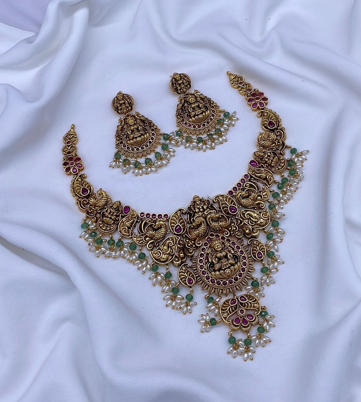 Nakshi Work with Kempu and AD Stones Bridal Necklace