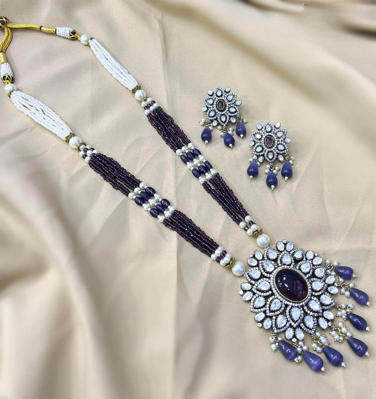 Victorian Polish AD Stones Pendent with Beads Haram - Nakshatra Jewels