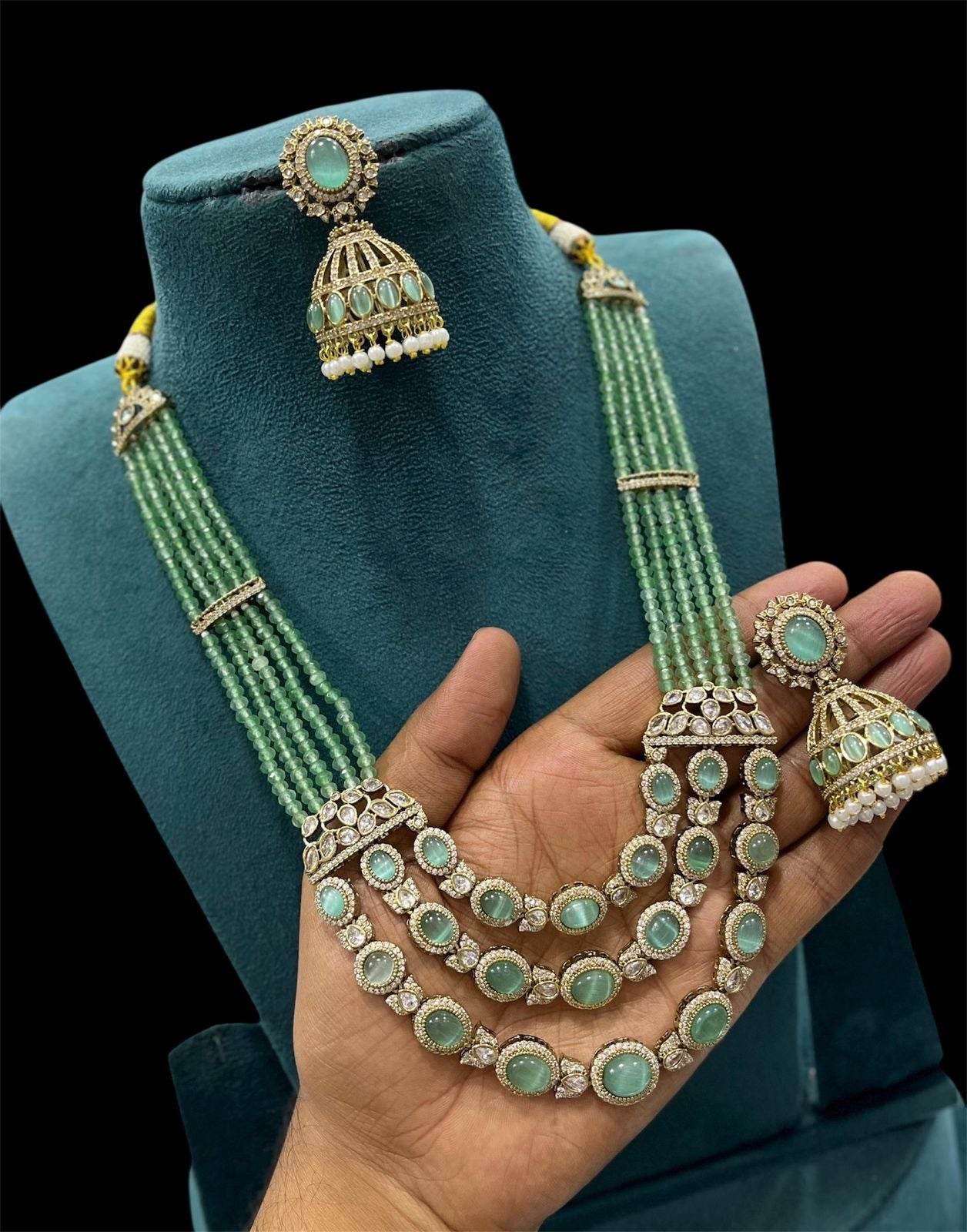 Victorian Polish AD Stones Pendent with Beads Haram - Nakshatra Jewels