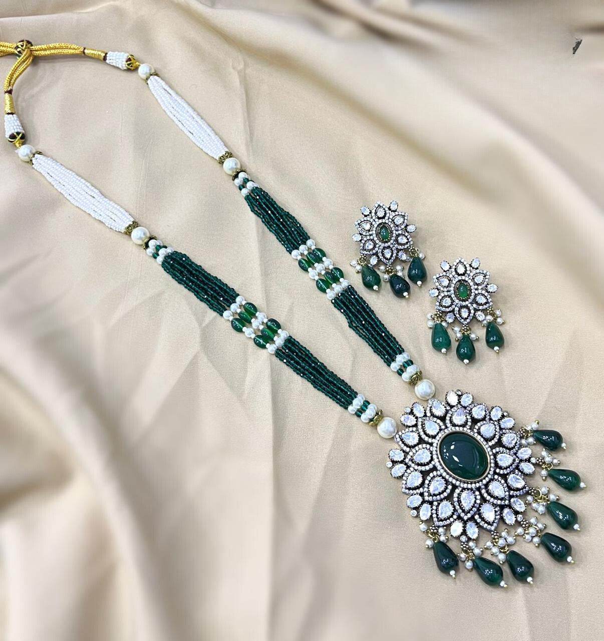 Victorian Polish AD Stones Pendent with Beads Haram - Nakshatra Jewels