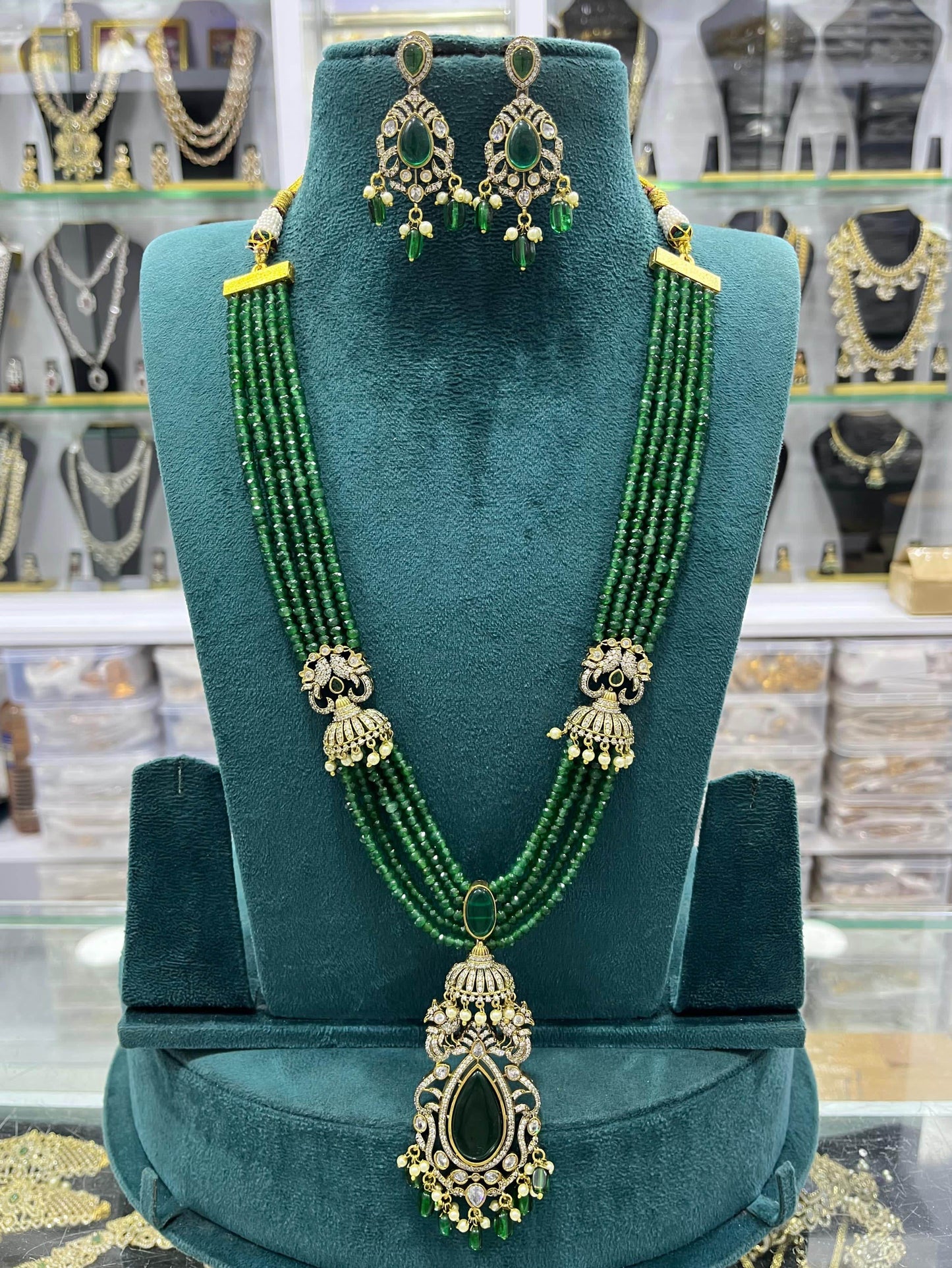Victorian Polish AD Stones Pendent with Beads Haram - Nakshatra Jewels