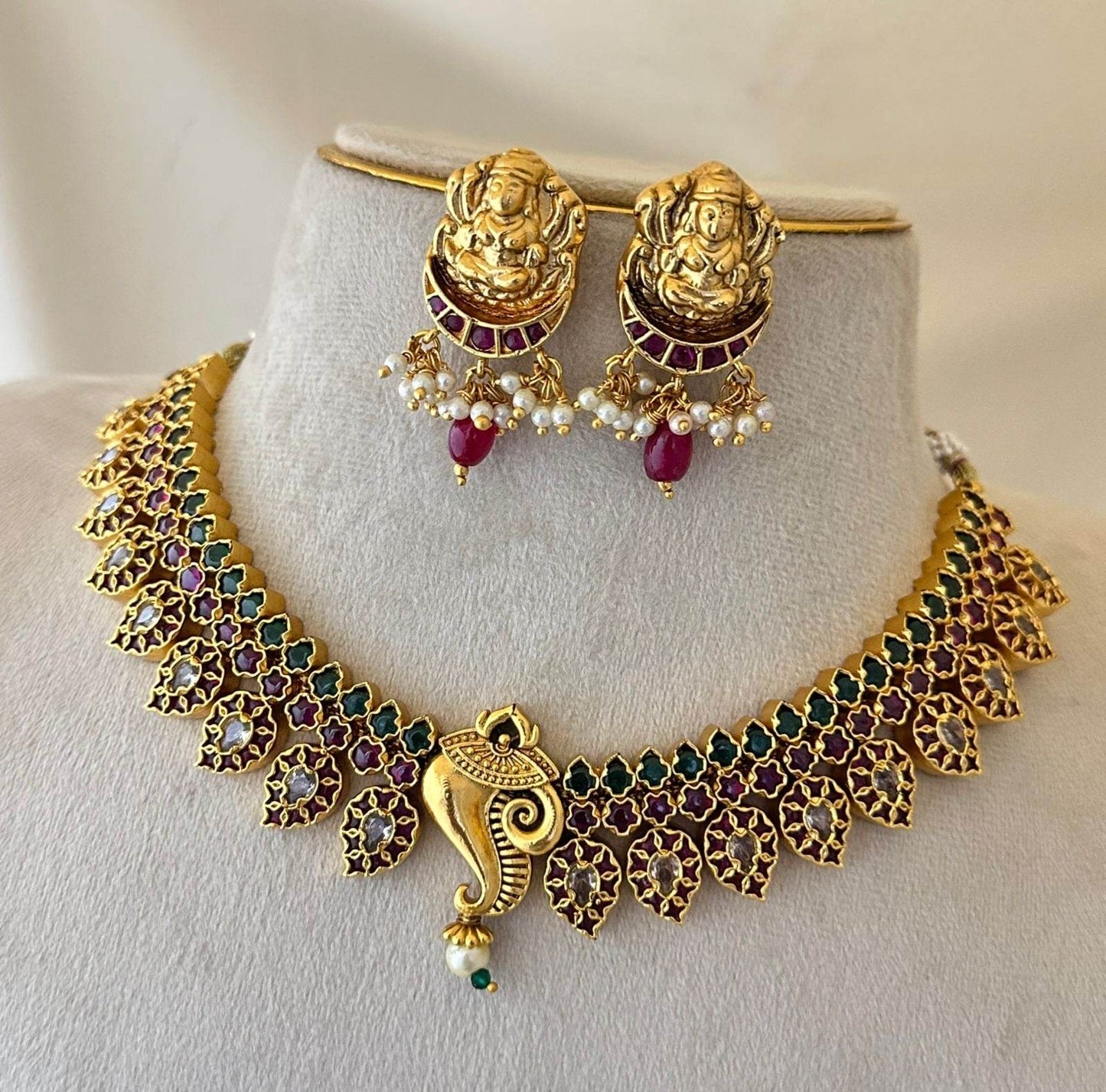 Nagasi Work with Kempu Stones Bridal Necklace - Nakshatra Jewels