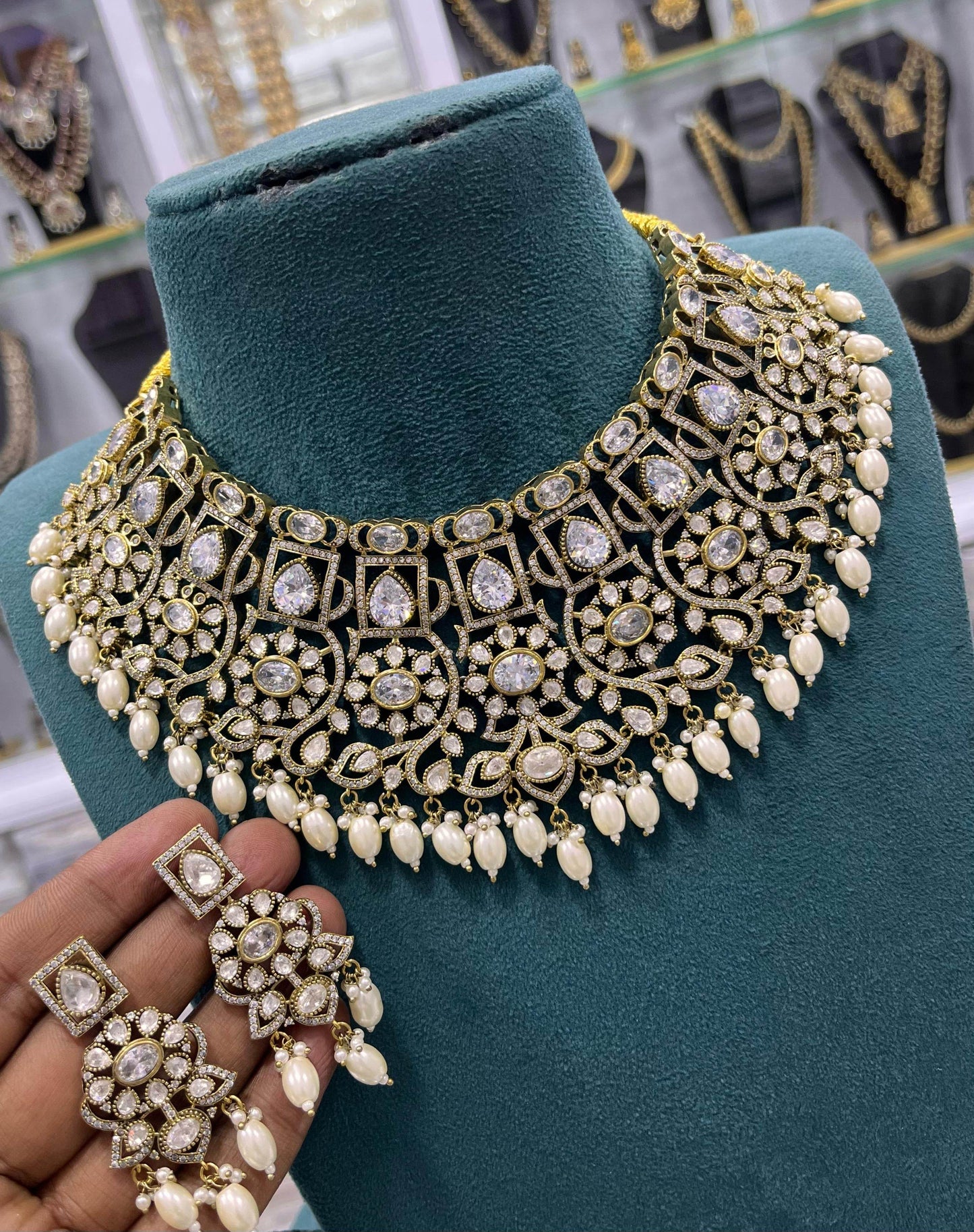 Victorian Polish with AD & Moissanite Stones Bridal Choker - Nakshatra Jewels