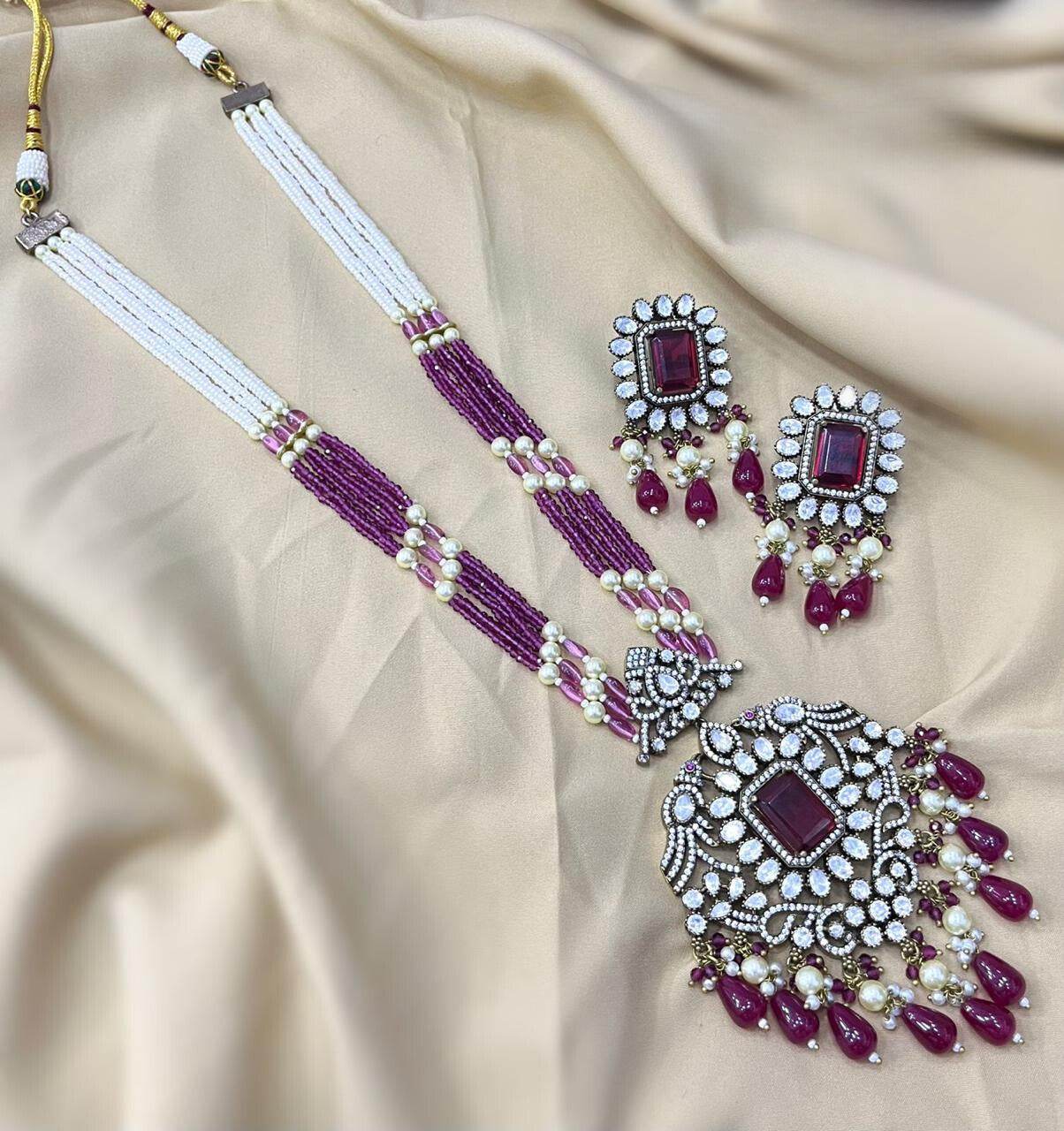 Victorian Polish AD Stones Pendent with Beads Haram - Nakshatra Jewels