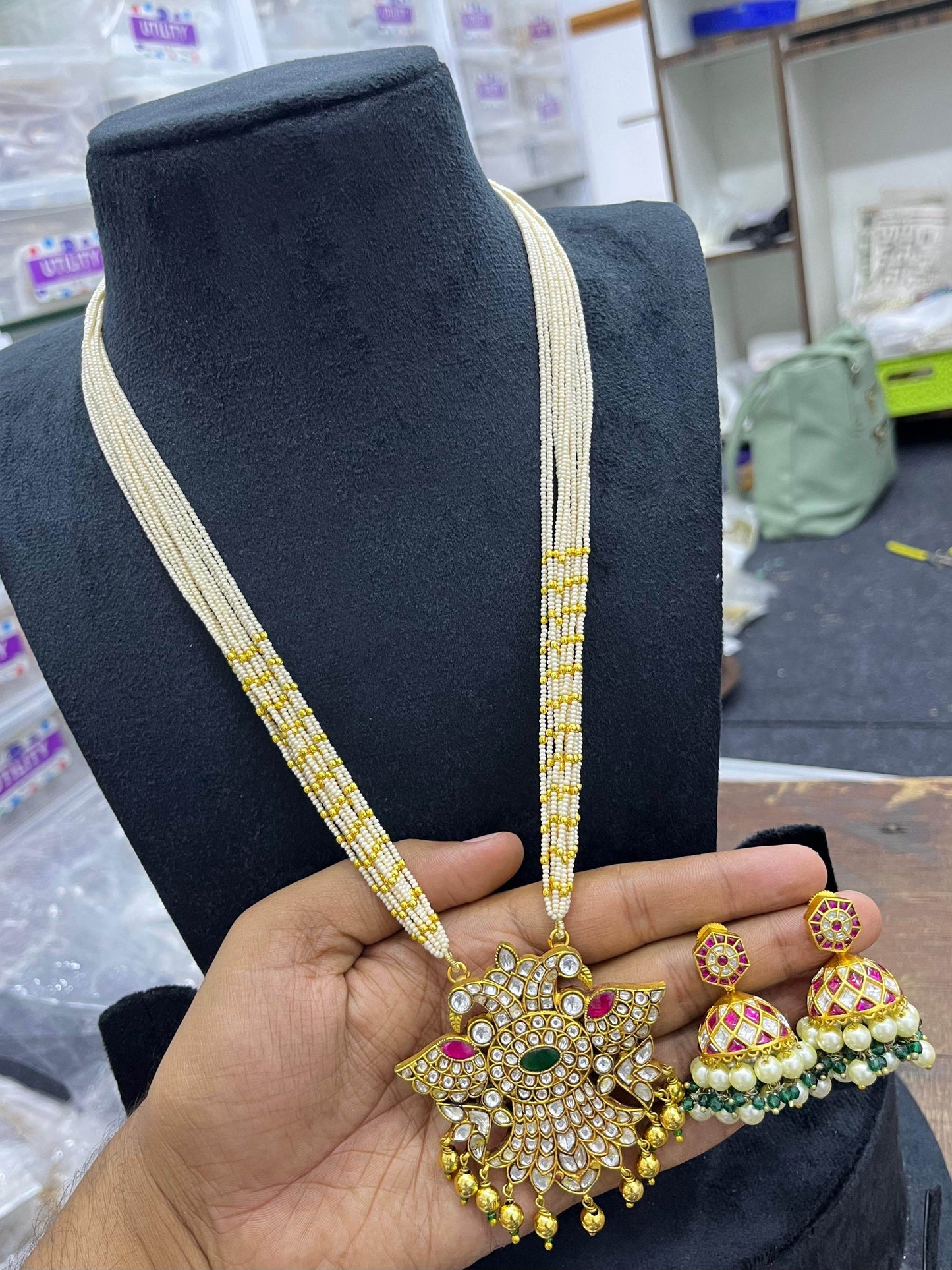 Jadau Kundan Stones Bridal Pendent with Pearl Haram - Nakshatra Jewels