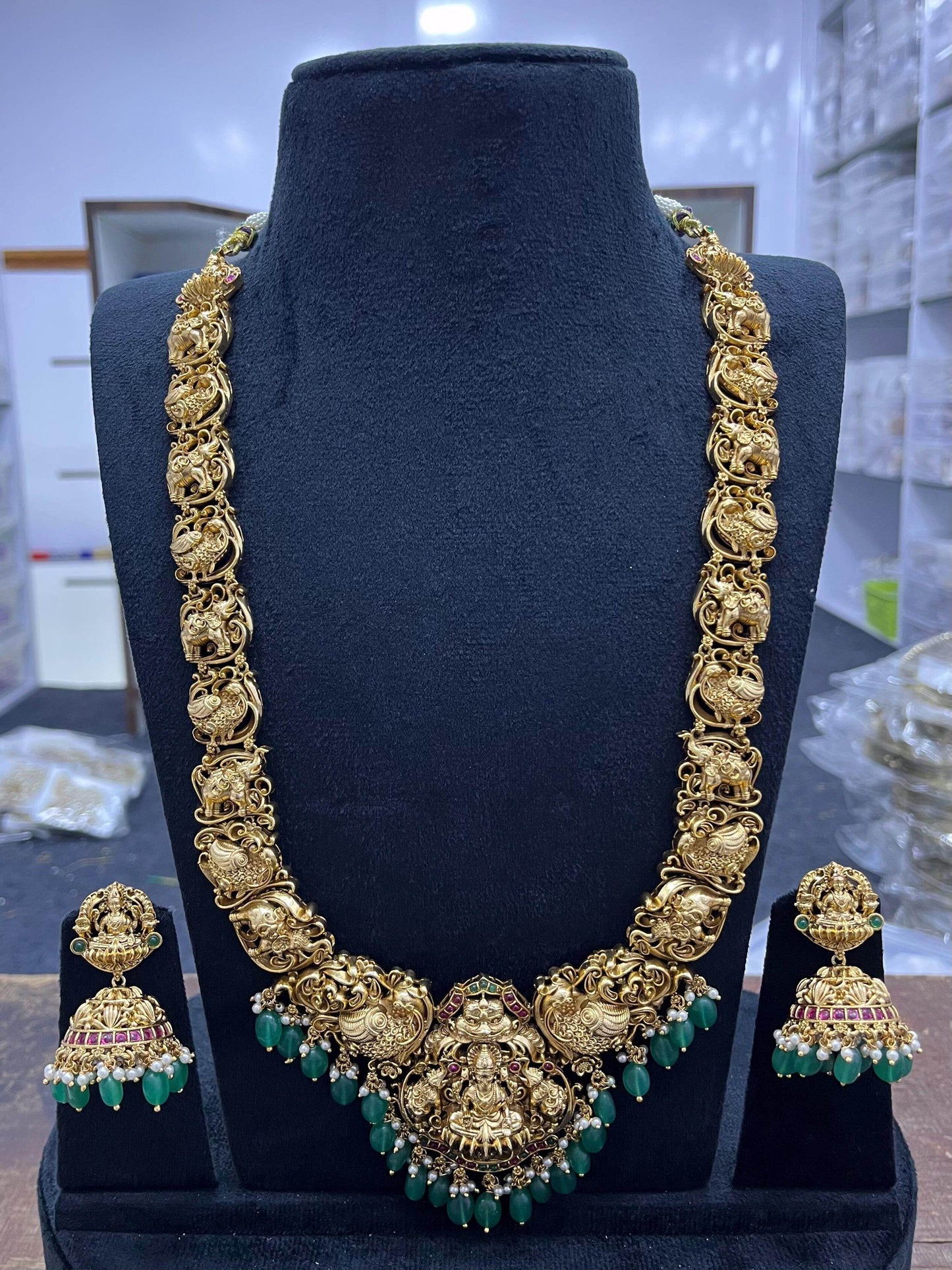 Nakshi Work with Kempu Stones Bridal Haram - Nakshatra Jewels