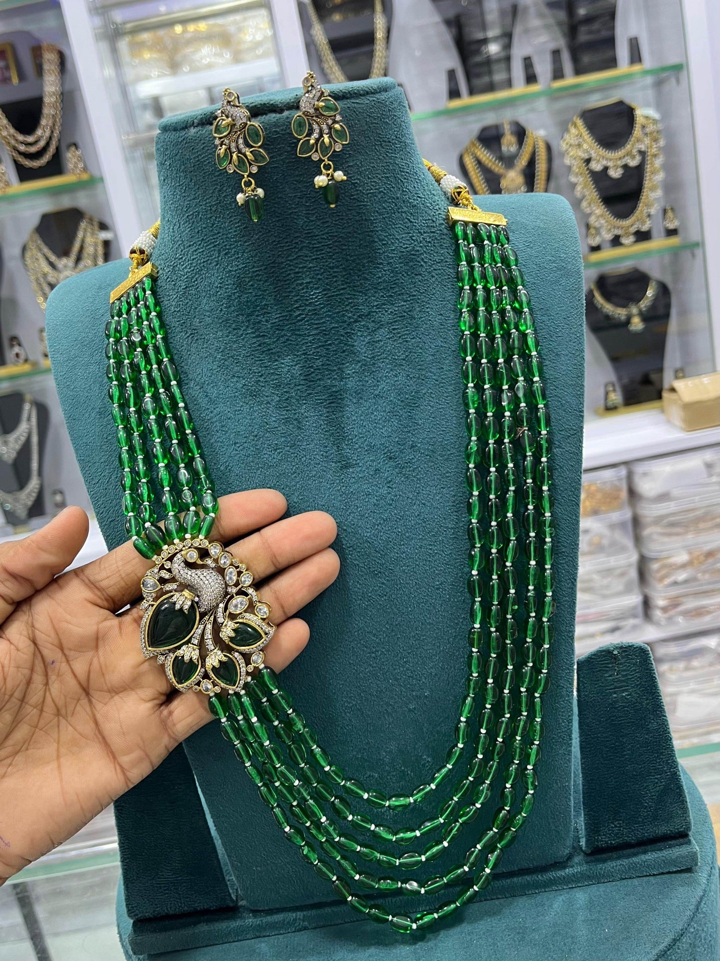 Victorian Polish AD Stones Side Pendent with Beads Haram - Nakshatra Jewels