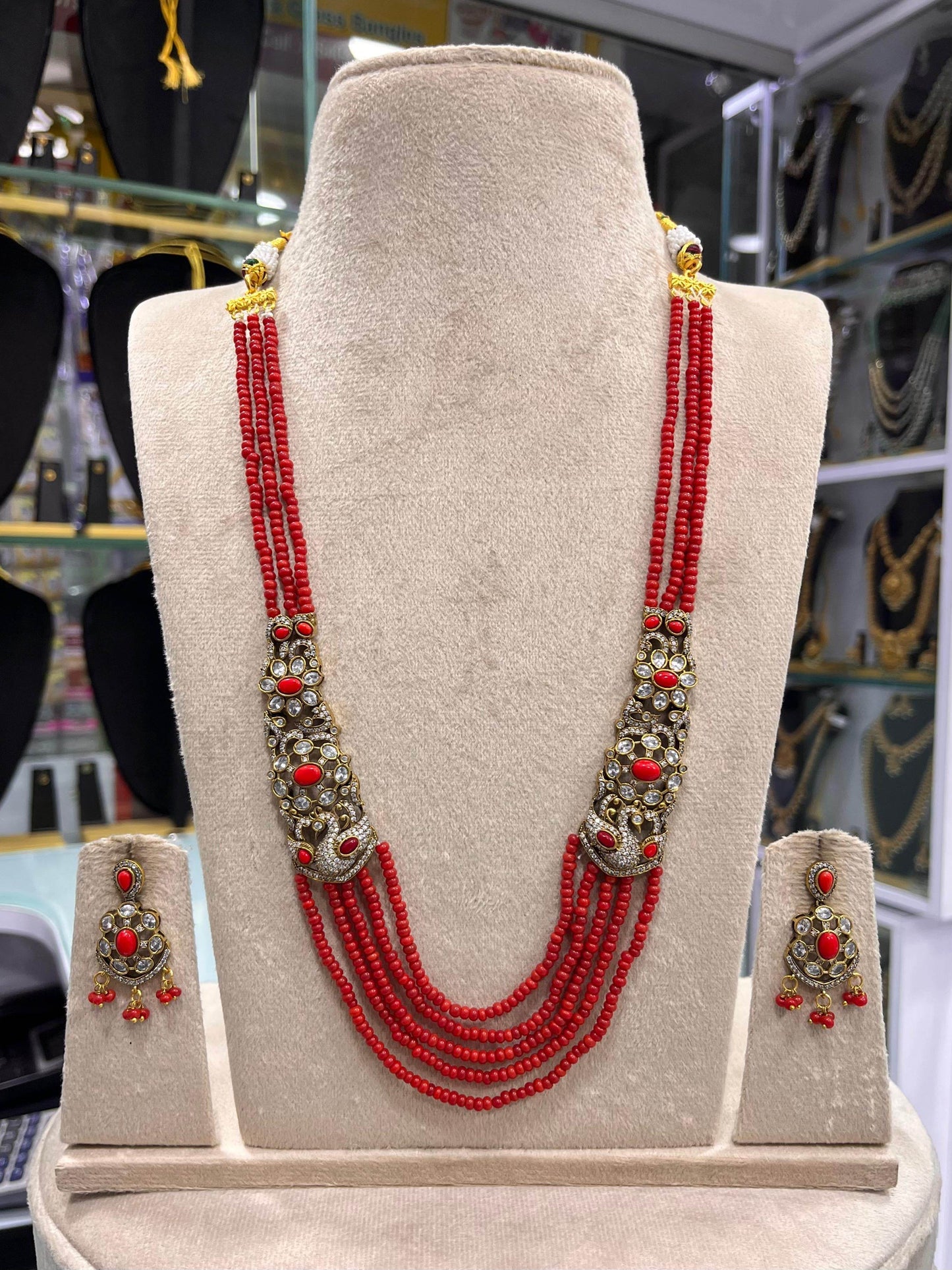 Victorian Polish AD Stones Side Pendent with Beads Haram - Nakshatra Jewels