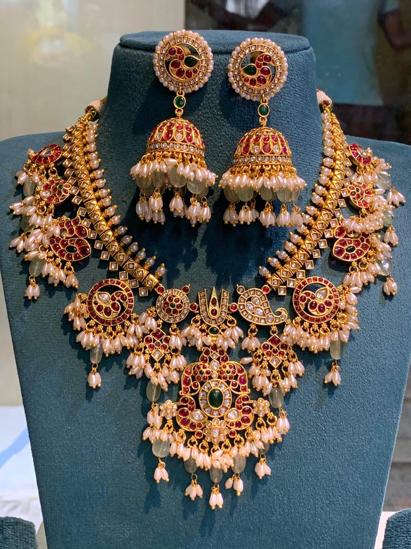 Nakshi Work with kempu Stones and Guttapusal Bridal Necklace - Nakshatra Jewels