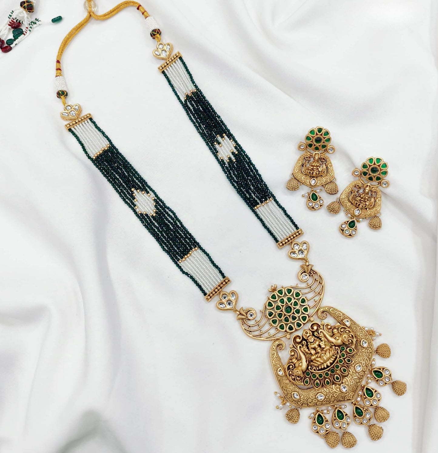 Nagasi work with Kempu Stones Pendent Beads Haram - Nakshatra Jewels