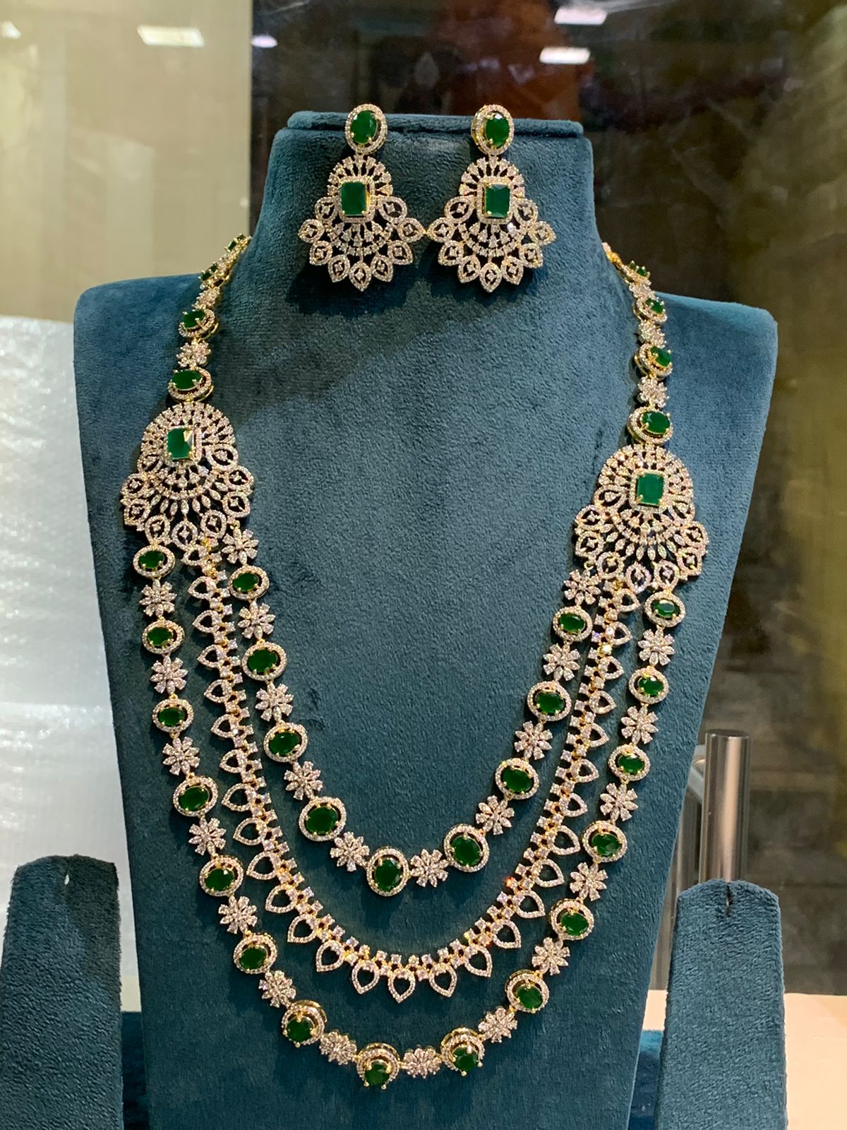 American Diamond Stones Bridal 3 Layer Haram Green Nakshatra Jewels