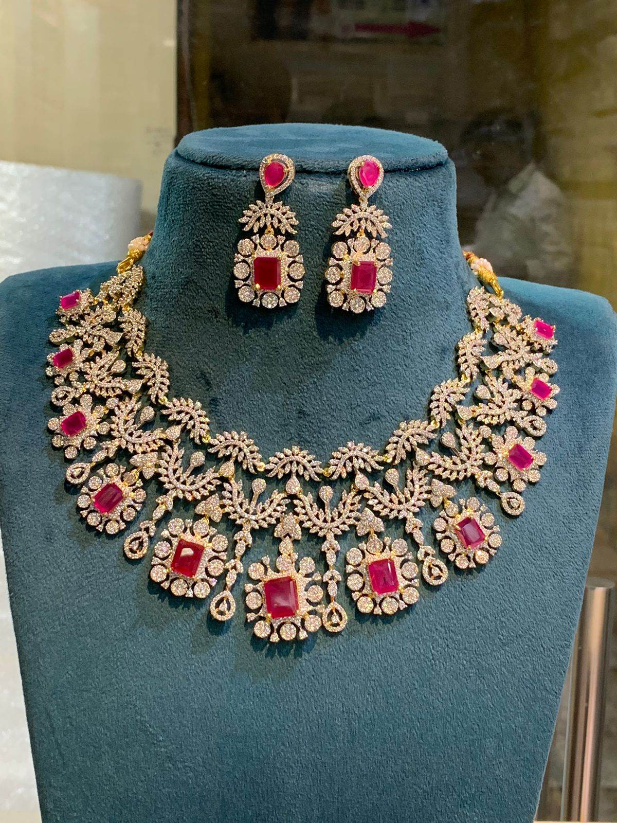American Diamond Stones Bridal Necklace - Ruby - Nakshatra Jewels