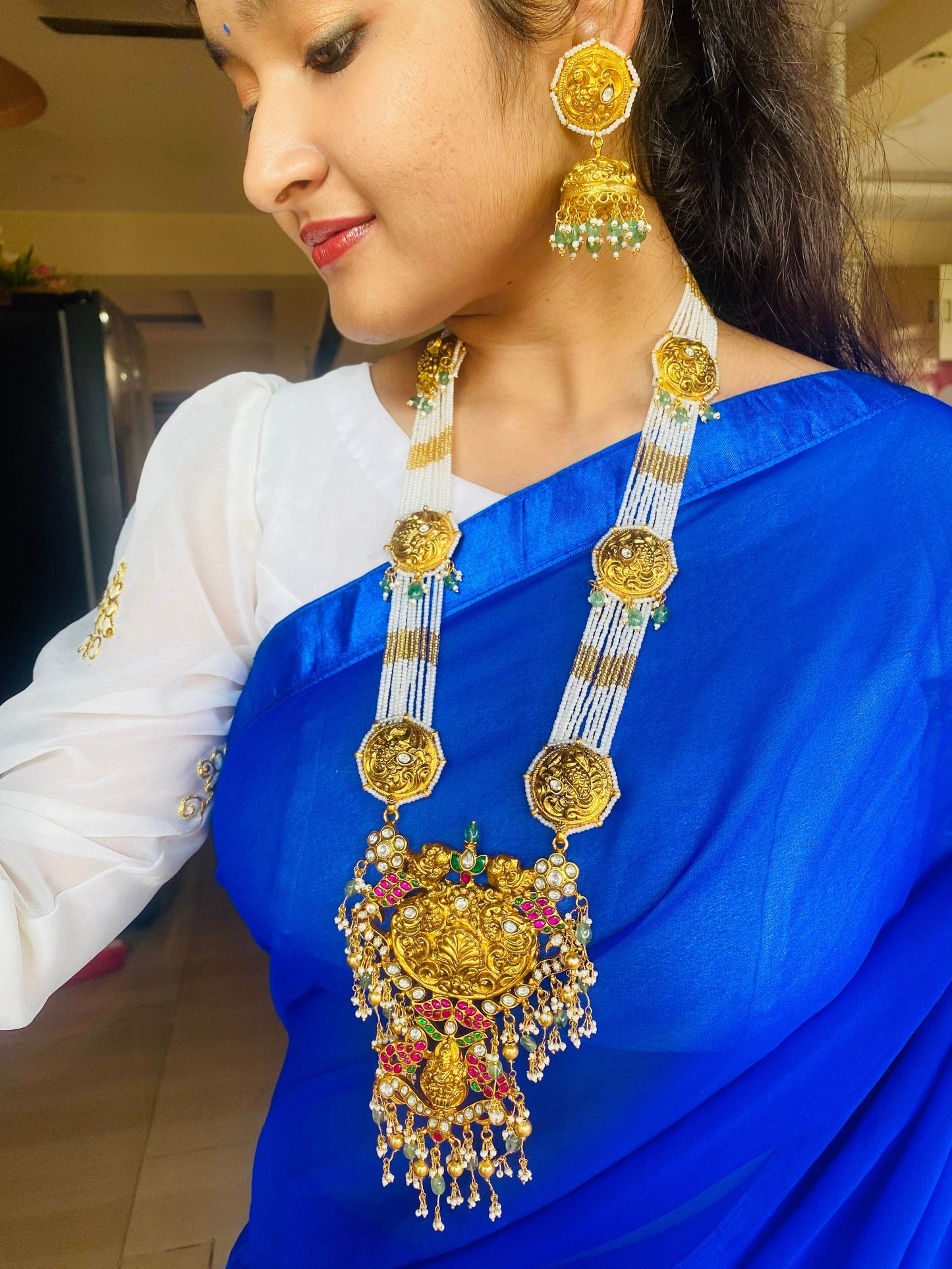 Jadau Kundan Stones with beads Bridal Haram (Silver Replica) - Nakshatra Jewels