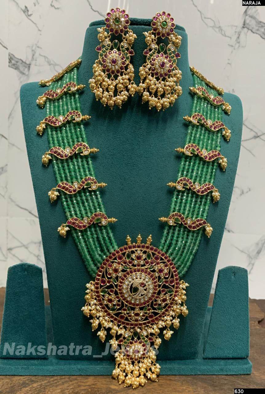 Jadau Kundan Stones Bridal Pendent with Bridal Beads Haram - Nakshatra Jewels