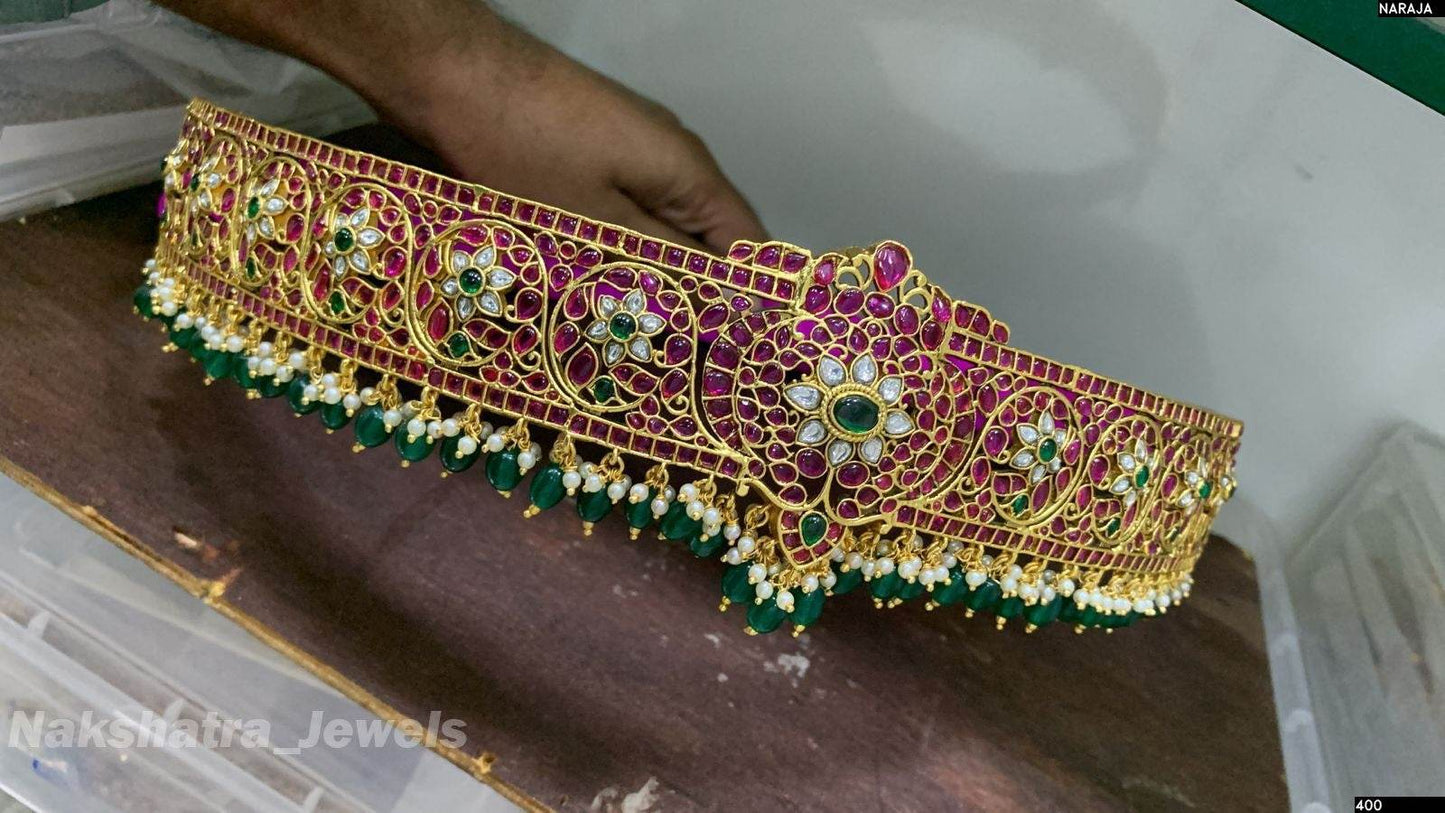Nagasi Work with Kempu & Kundan Stones Bridal Hip Belt - Nakshatra Jewels