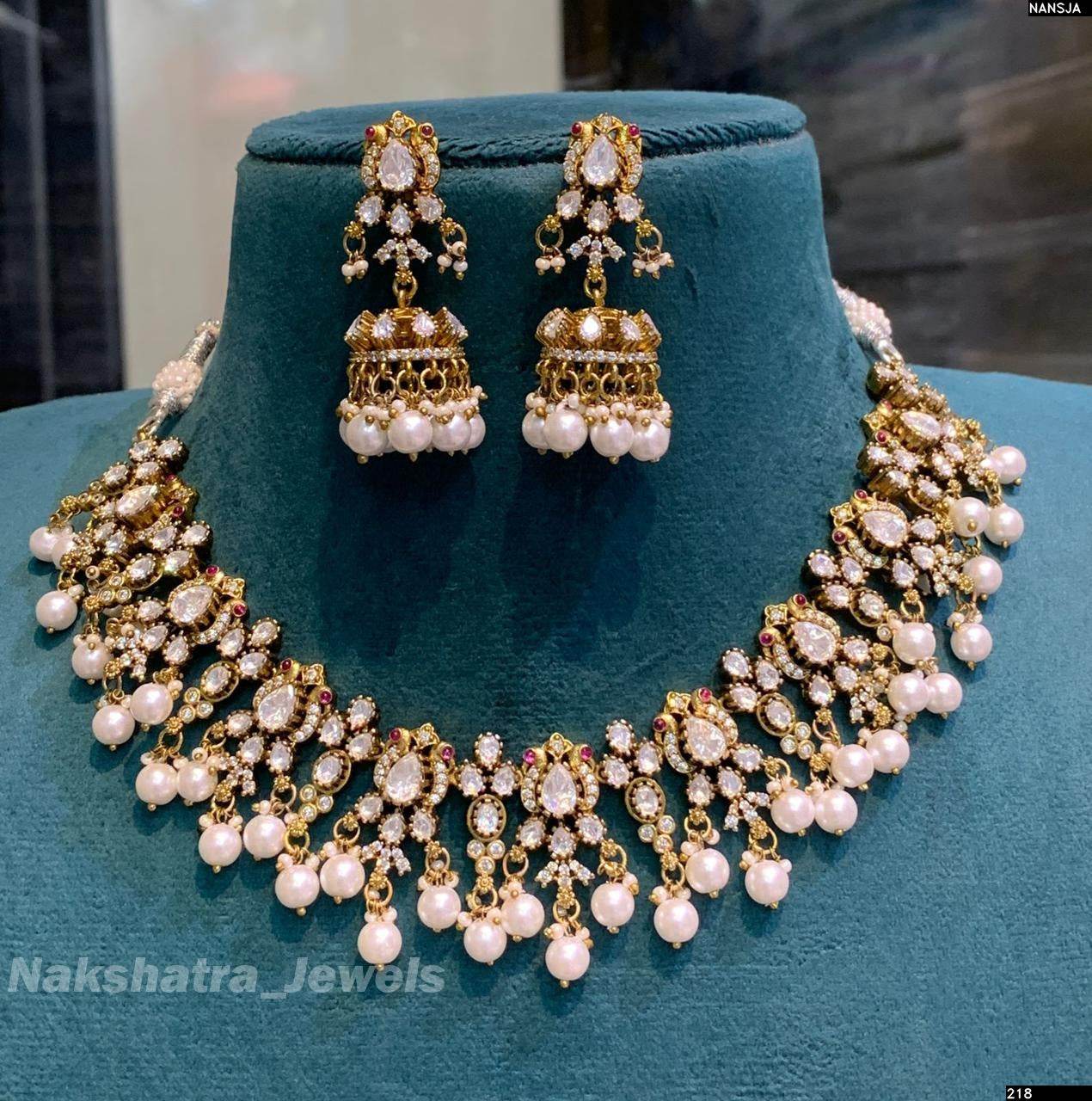 Victorian Polish with Moissanite Stones Neck Set - Nakshatra Jewels