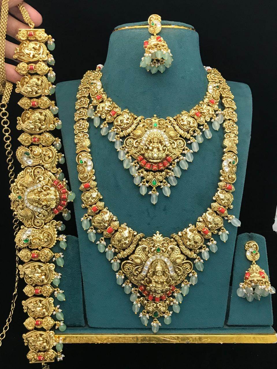 Nakshi Work with AD Stones & Coral Bridal Set