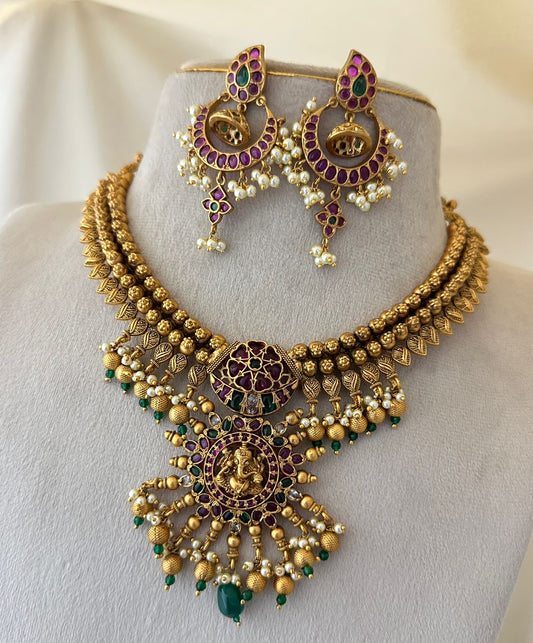 Nagasi Work with Kempu Stones Bridal Necklace