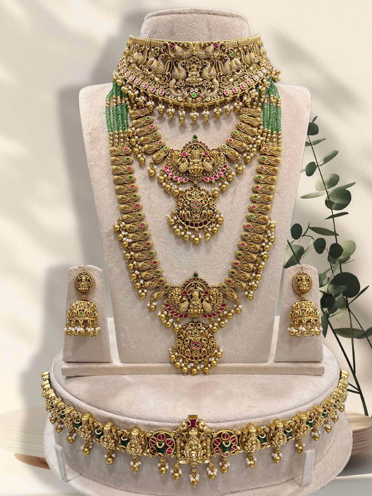 Nakshi Work with Jaadu Kundan Stones and Beads Bridal Combo Set - Nakshatra Jewels