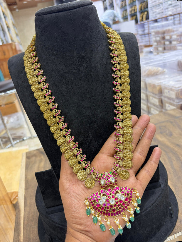Nakshi Work Kasu Haram with Kundan Stone Pendent