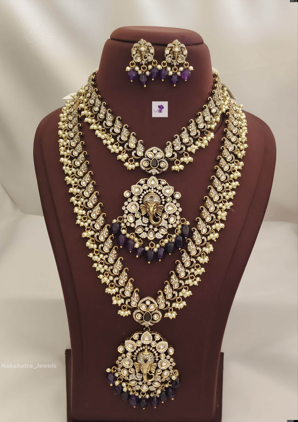 Victorian Polish AD & Moissanite Stones Bridal Combo Set - Nakshatra Jewels
