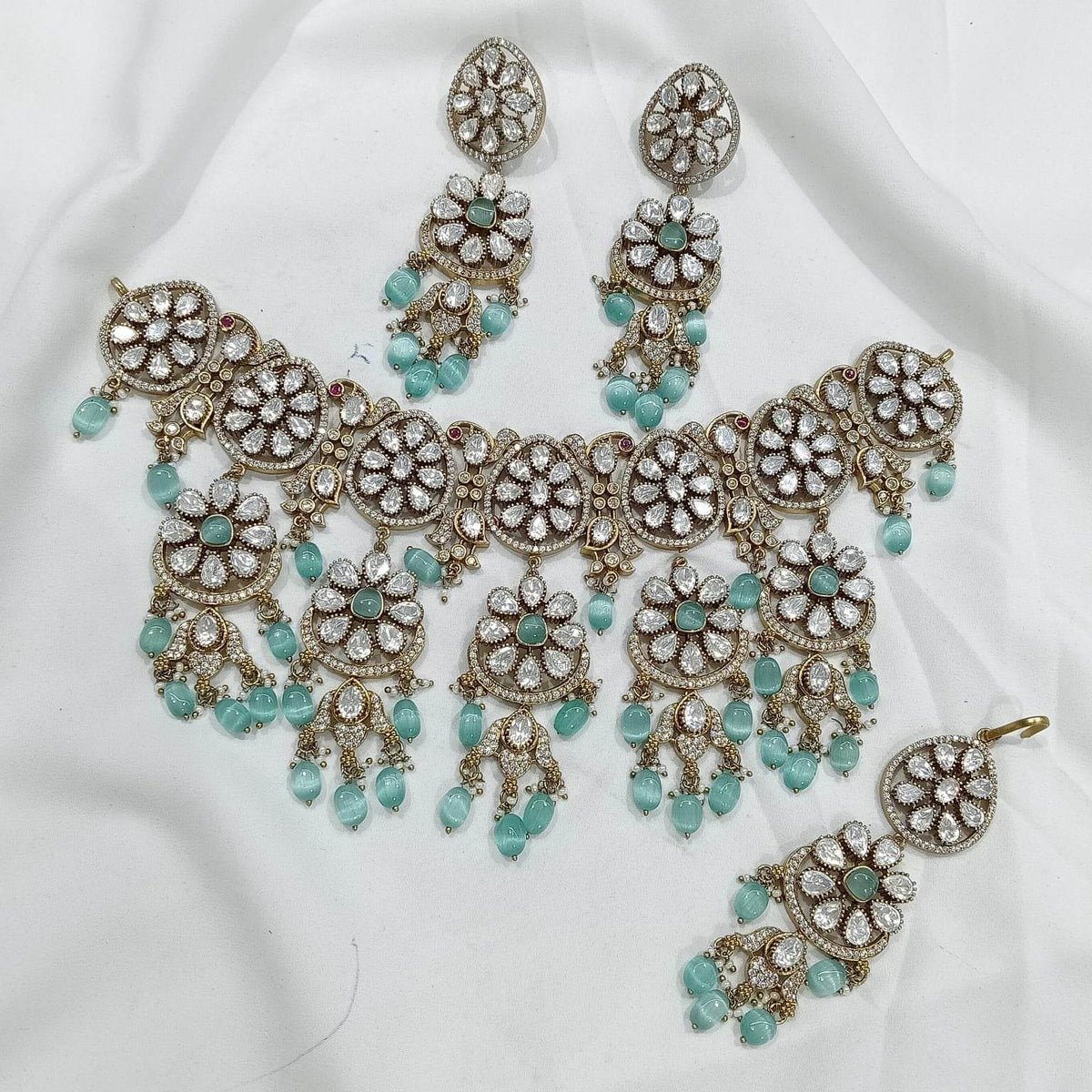 Moissanite Stones Bridal Neck set with Tikka