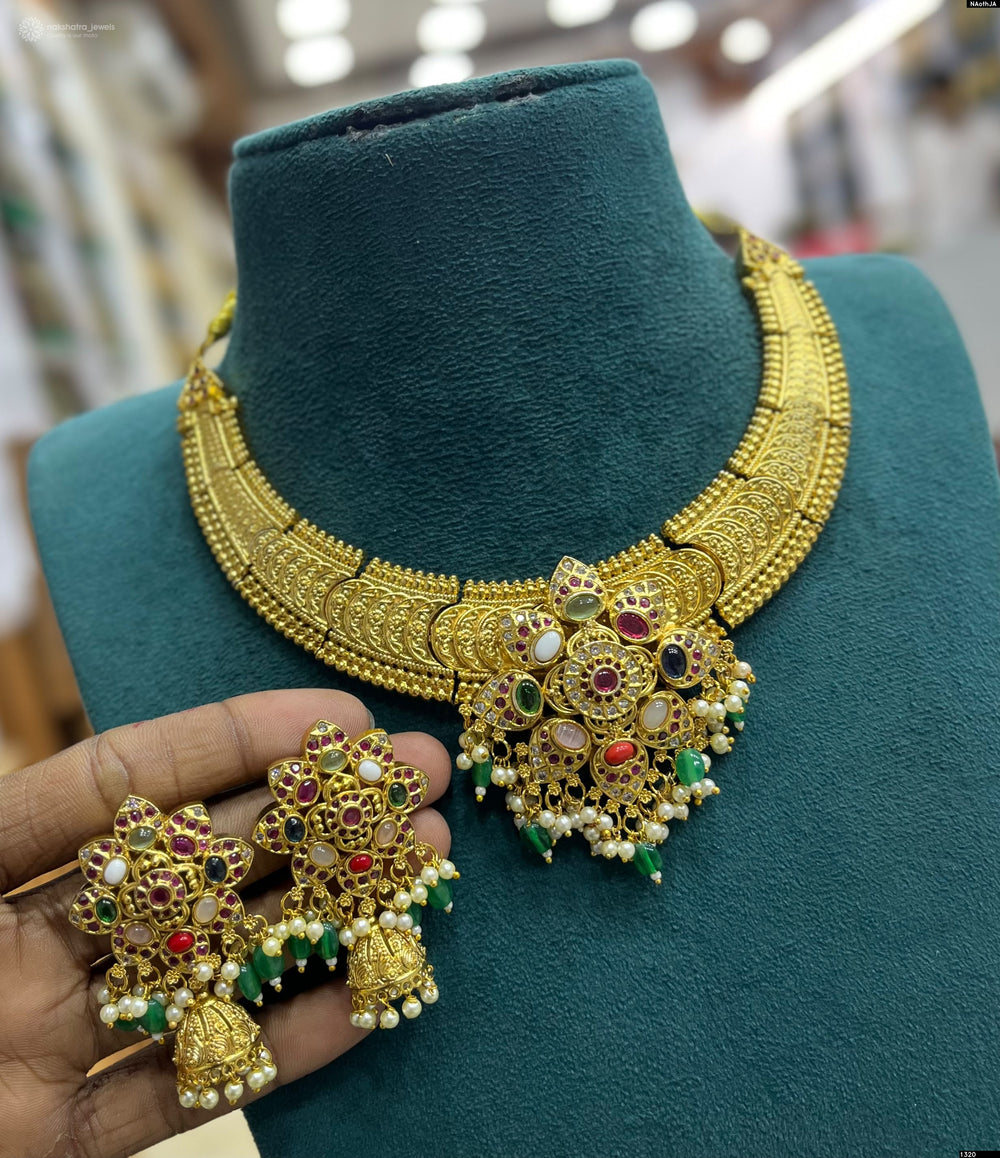 Nakshi Work with Kempu Stones Neckalce