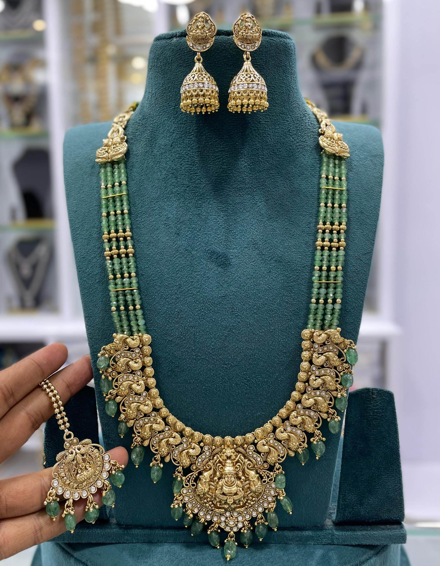 Nagasi Work with Kempu Stones Bridal Pendent with Beads Haram