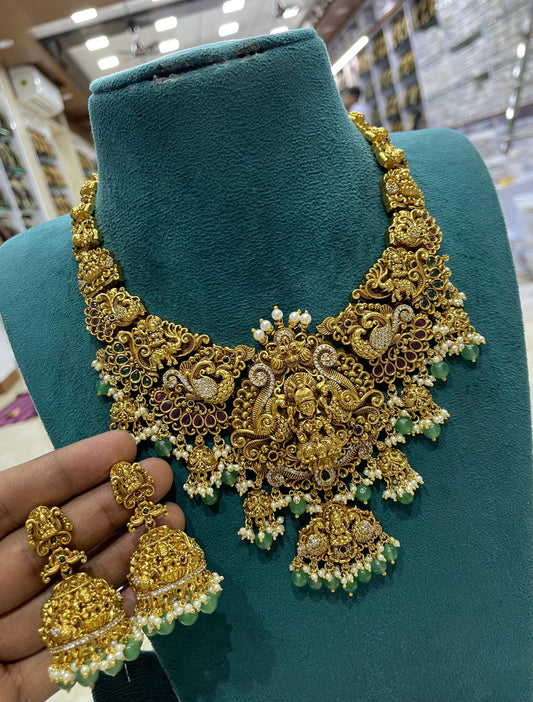 Nakshi Work with Kempu and AD Stones Bridal Necklace