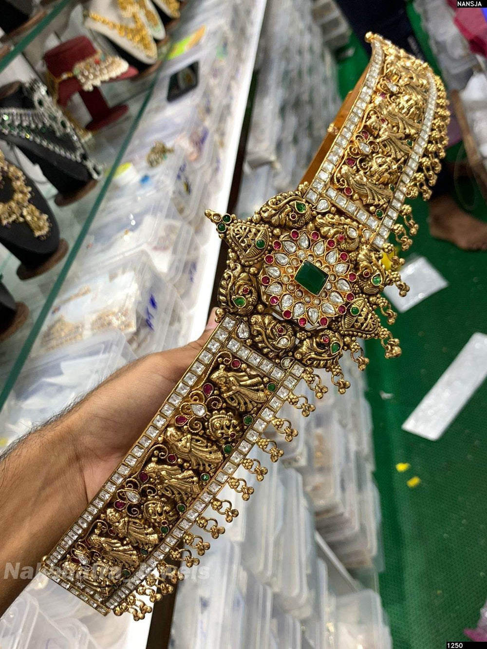 Antique Polish Nakshi Work with Jadau Kundan Stones Bridal Hip Belt (Hand made) - Nakshatra Jewels
