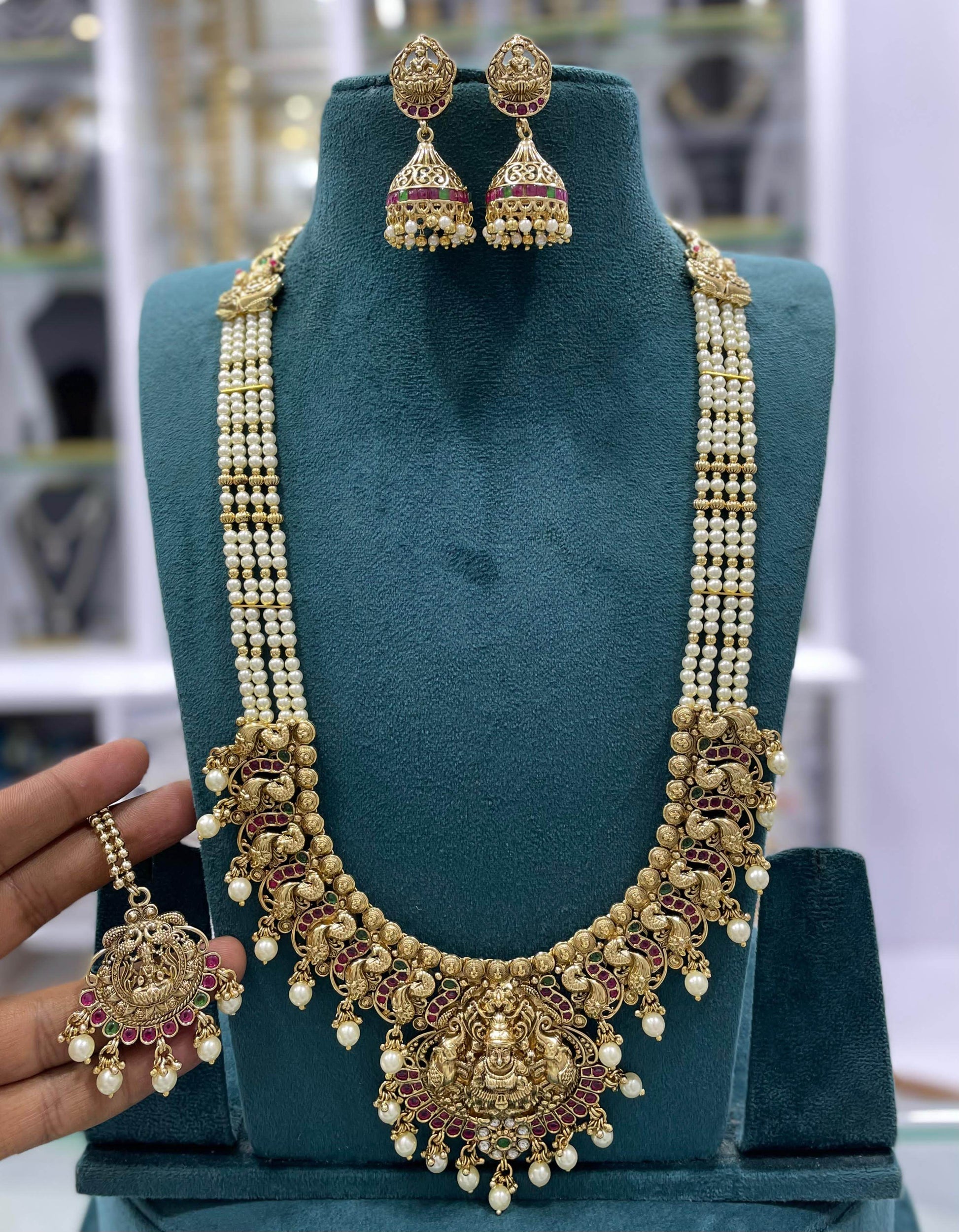 Nagasi Work with Kempu Stones Bridal Pendent with Beads Haram - Nakshatra Jewels