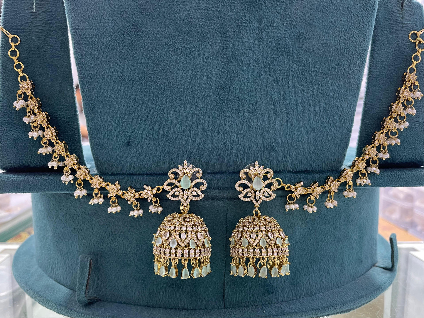 Victorian Polish AD Stones Earrings with Ear Chains