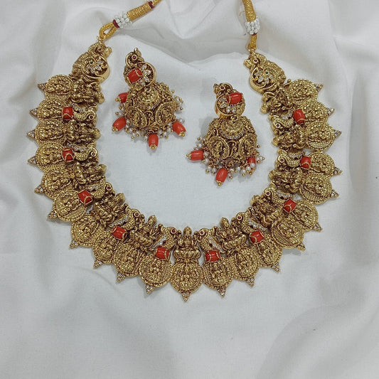 Nakshi work with Coral beads & AD Stones Necklace