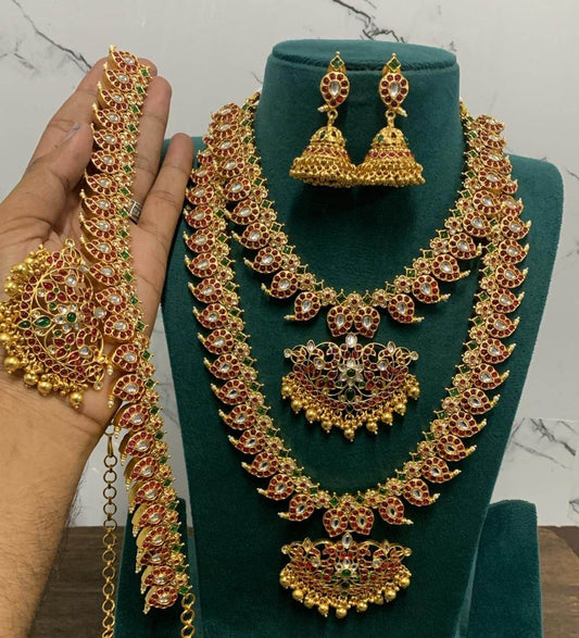 Nakshi Work with Kempu Stones Bridal Combo Set - Nakshatra Jewels